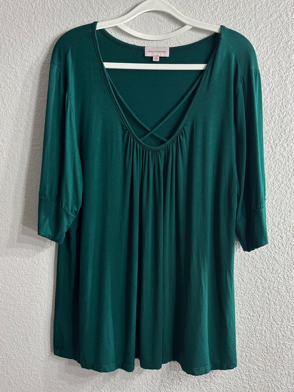 Molly & Isadora Forest Emerald Green Lattice V-Neck Crisscross Shirt Woman S